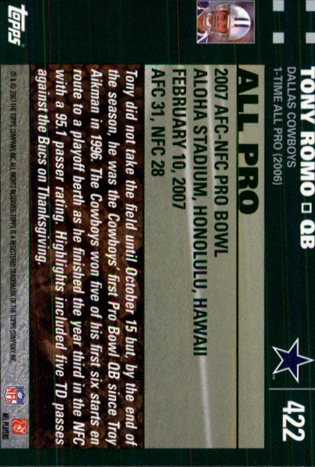 2007 Topps #422 Tony Romo PB back image