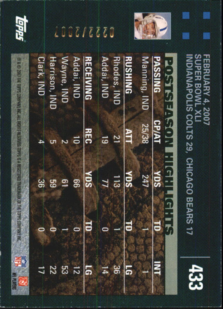 2007 Topps Copper #433 Peyton Manning PSH back image