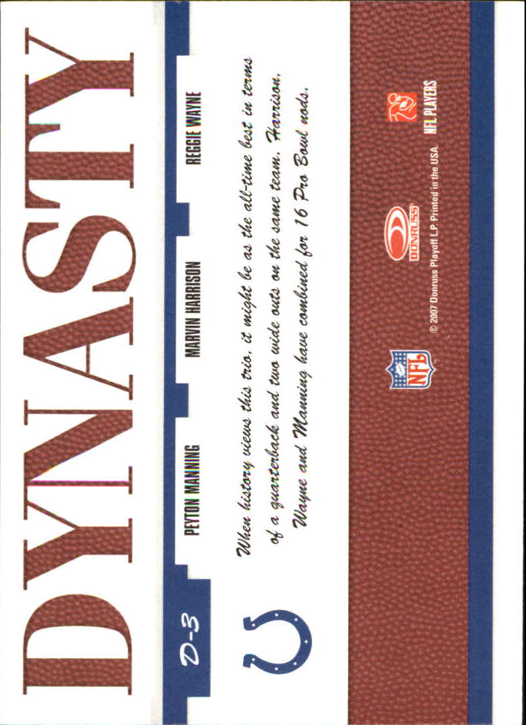 2007 Donruss Threads Dynasty Gold #3 Peyton Manning/Marvin Harrison/Reggie Wayne back image