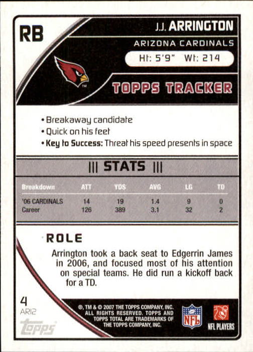2007 Topps Total #4 J.J. Arrington back image
