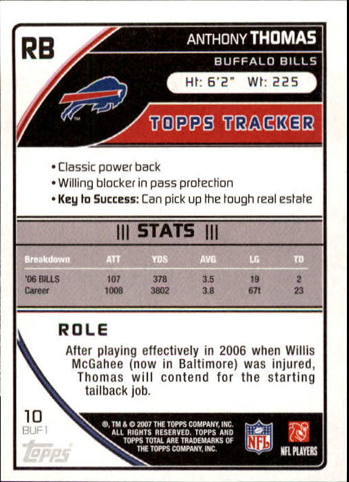 2007 Topps Total #10 Anthony Thomas back image