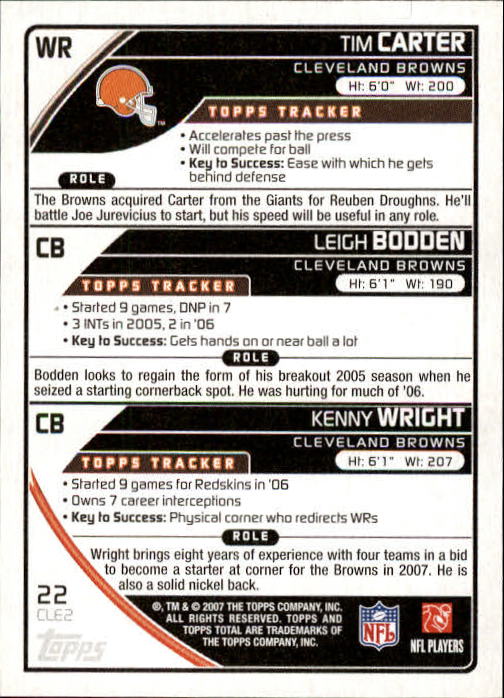 2007 Topps Total #22 Kenny Wright/Leigh Bodden/Tim Carter back image