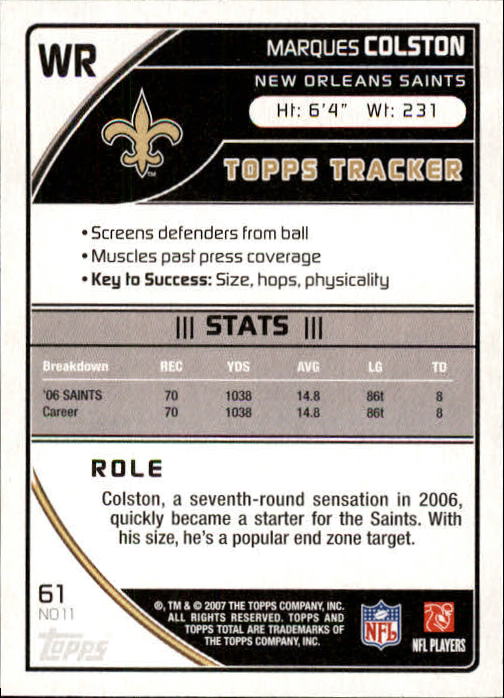2007 Topps Total #61 Marques Colston back image