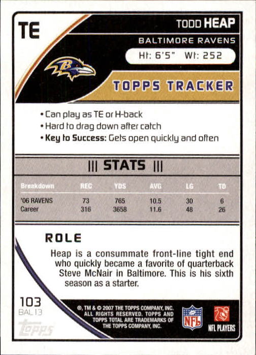2007 Topps Total #103 Todd Heap back image
