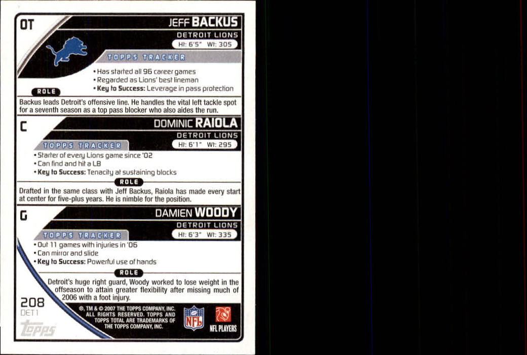 2007 Topps Total #208 Damien Woody/Dominic Raiola/Jeff Backus back image