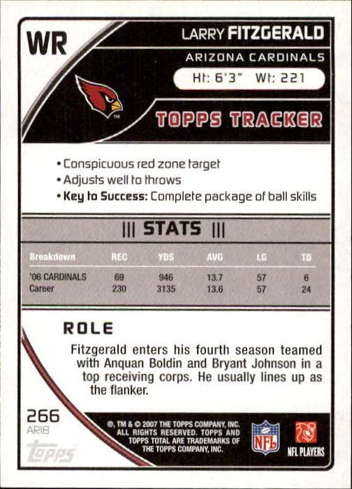 2007 Topps Total #266 Larry Fitzgerald back image