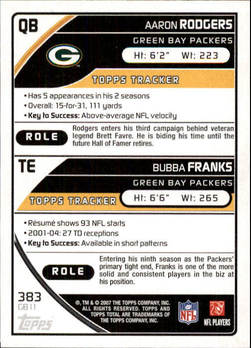 2007 Topps Total #383 Bubba Franks/Aaron Rodgers back image