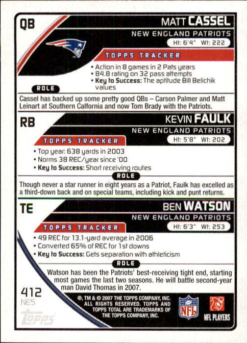 2007 Topps Total #412 Ben Watson/Matt Cassel/Kevin Faulk back image