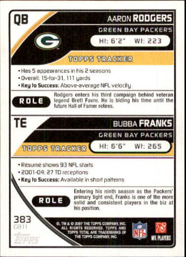 2007 Topps Total Blue #383 Bubba Franks/Aaron Rodgers back image
