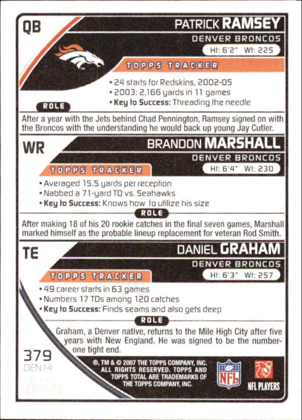2007 Topps Total 1st Edition Copper #379 Brandon Marshall/Daniel Graham/Patrick Ramsey back image