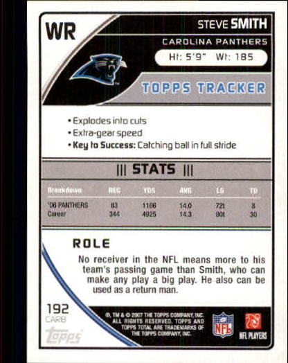 2007 Topps Total Red #192 Steve Smith WR back image
