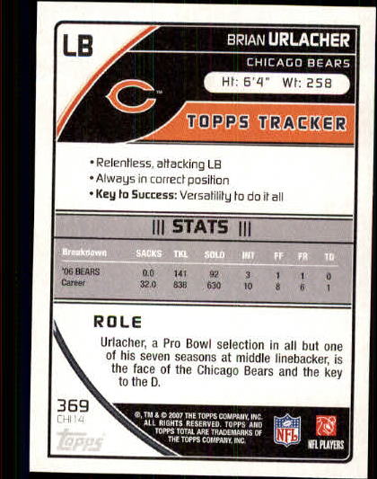 2007 Topps Total Red #369 Brian Urlacher back image
