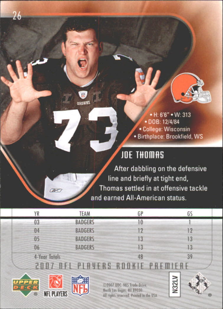 2007 SP Rookie Threads Joe Thomas Rookie Jersey Relic RC #RT-JT Browns