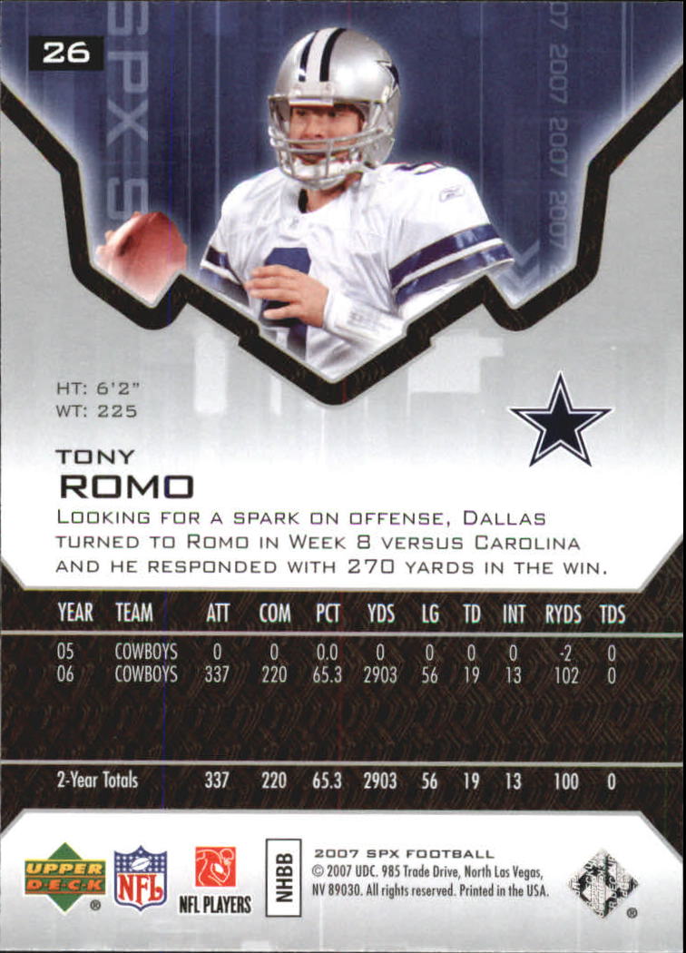 2007 SPx #26 Tony Romo back image