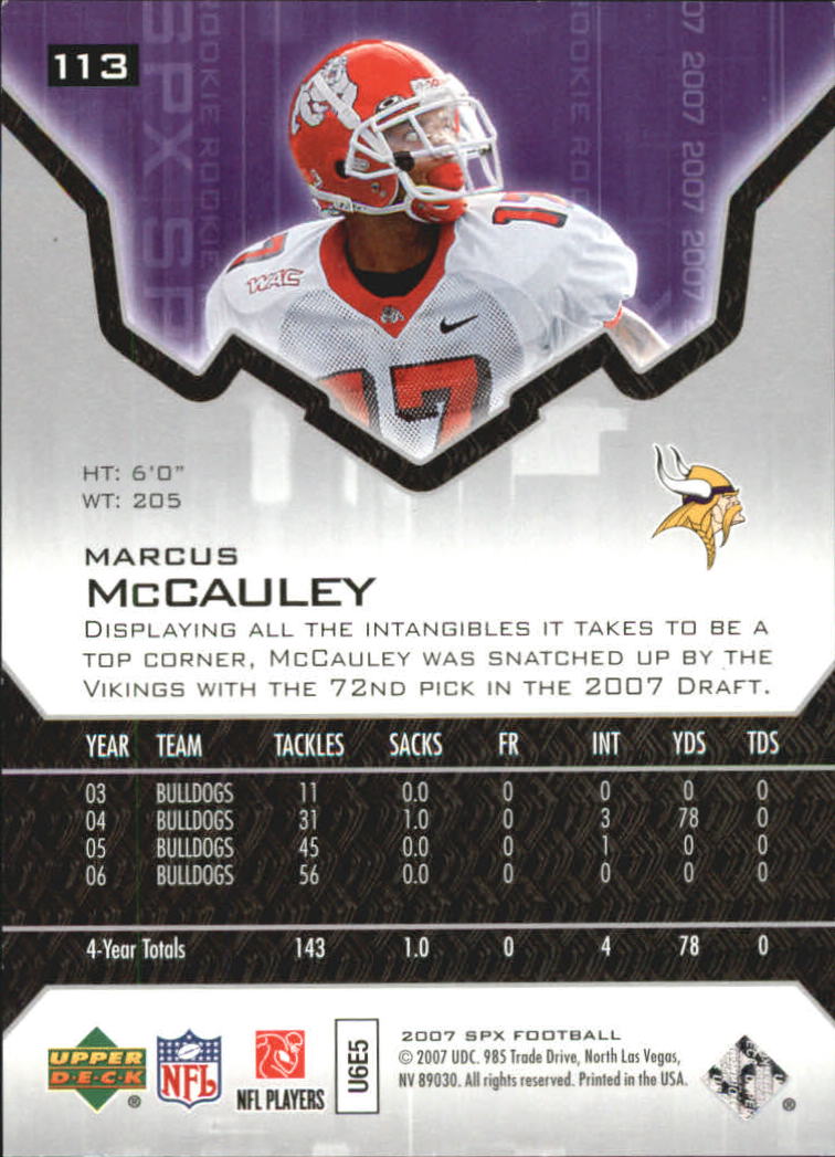 2007 SPx #113 Marcus McCauley RC back image