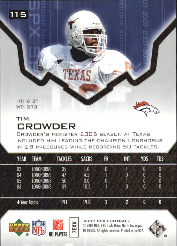 2007 SPx #115 Tim Crowder RC back image