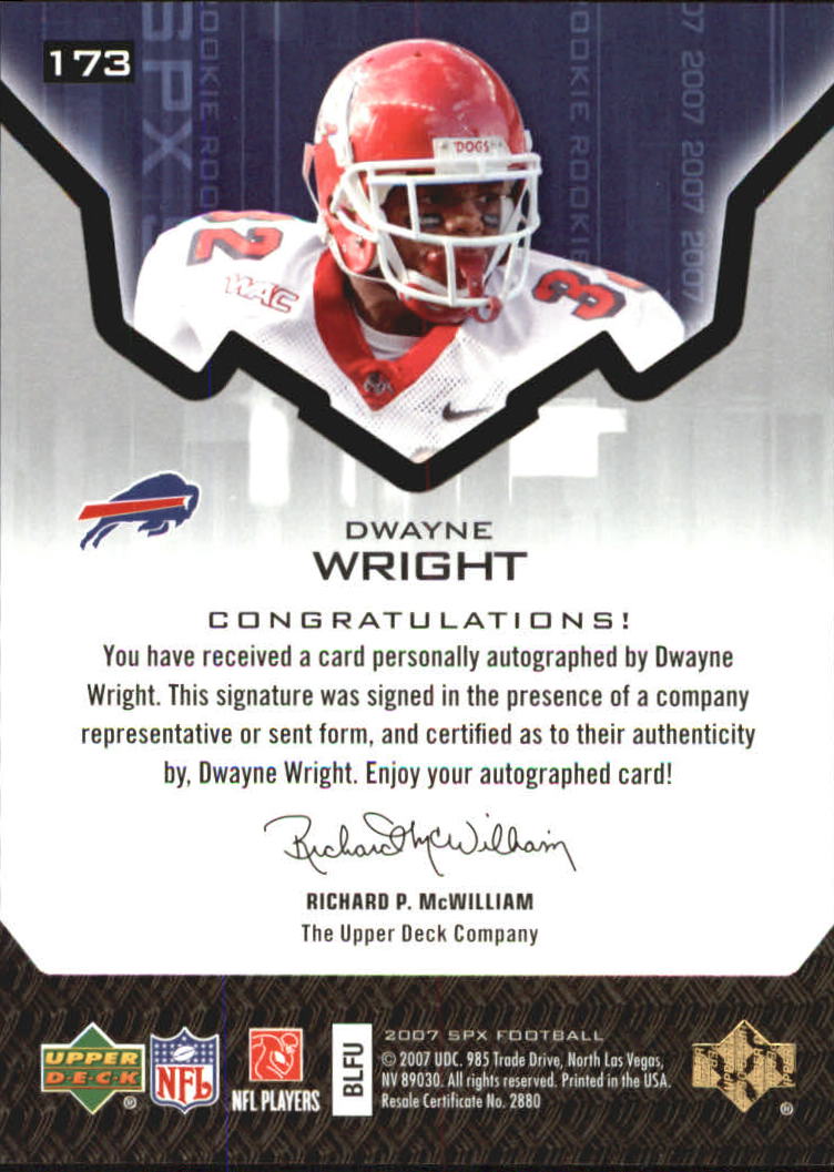 2007 SPx #173 Dwayne Wright AU RC back image