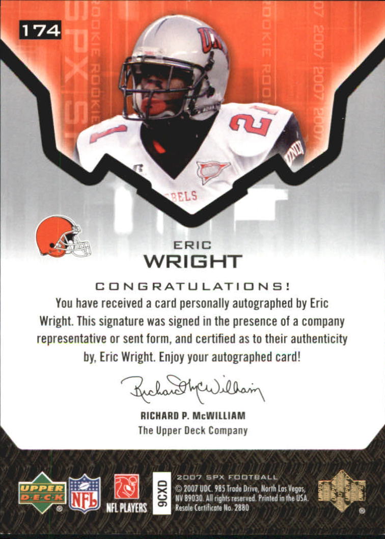 2007 SPx #174 Eric Wright AU RC back image