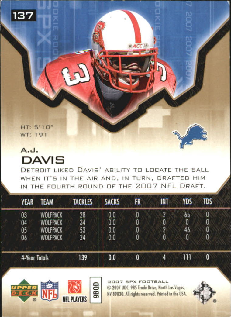 2007 SPx Gold Rookies #137 A.J. Davis back image