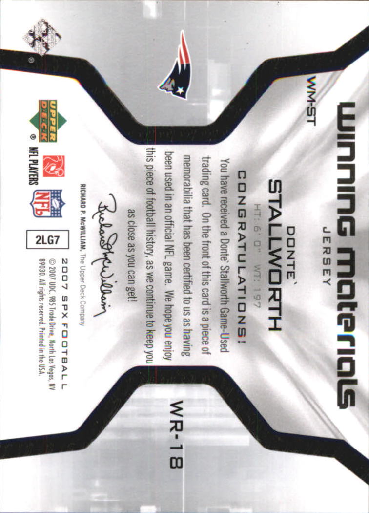 2007 SPx Winning Materials Jersey Number #WMST Donte Stallworth back image