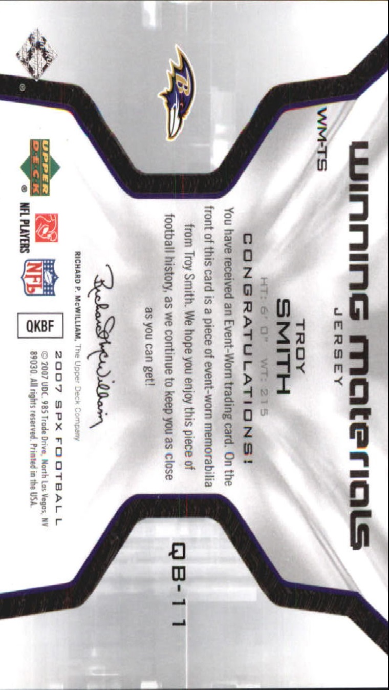 2007 SPx Winning Materials Jersey Number #WMTS Troy Smith back image