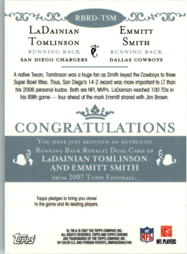 2007 Topps Chrome Running Back Royalty #TSM LaDainian Tomlinson/Emmitt Smith back image