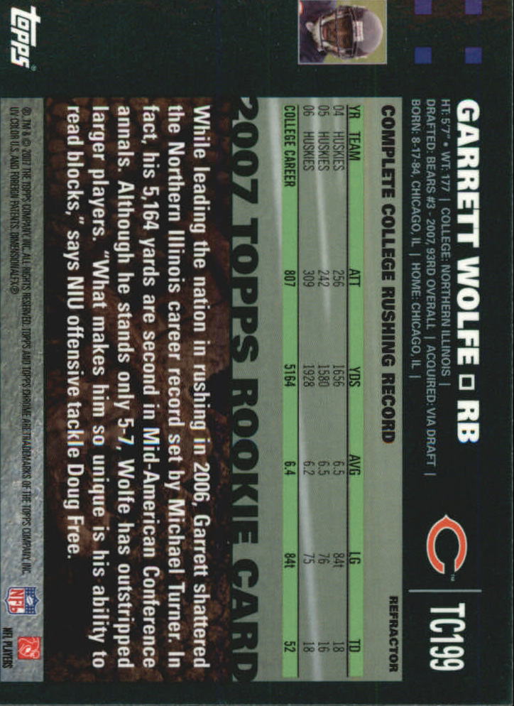 2007 Topps Chrome Refractors #TC199 Garrett Wolfe back image