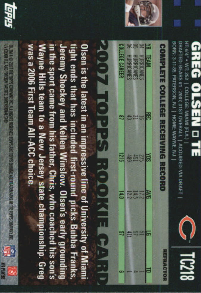 2007 Topps Chrome Refractors #TC218 Greg Olsen back image