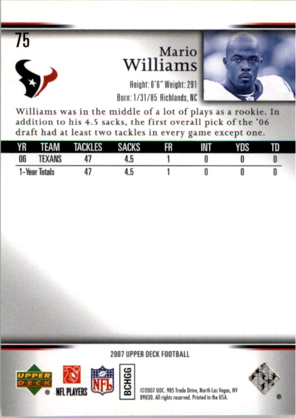 2007 Upper Deck #75 Mario Williams back image