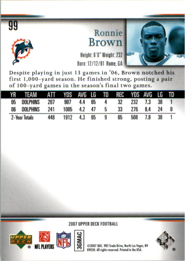 2007 Upper Deck #99 Ronnie Brown back image