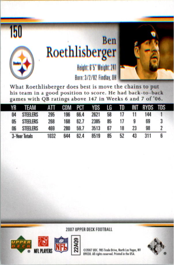 2007 Upper Deck #150 Ben Roethlisberger back image