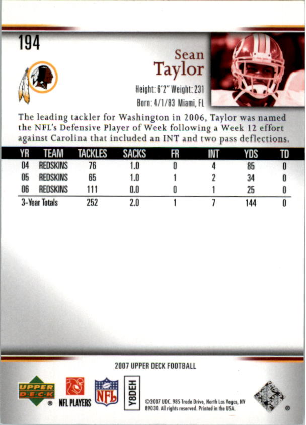 Buy Sean Taylor Cards Online  Sean Taylor Football Price Guide