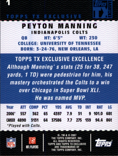 2007 Topps TX Exclusive #1 Peyton Manning back image