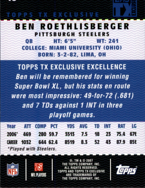2007 Topps TX Exclusive #15 Ben Roethlisberger back image