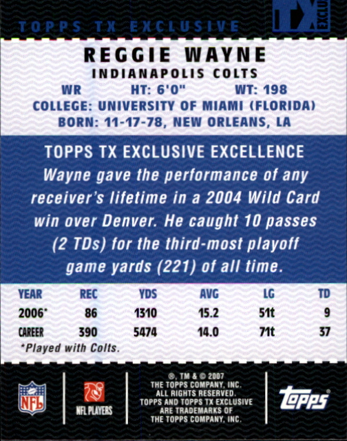 2007 Topps TX Exclusive #61 Reggie Wayne back image
