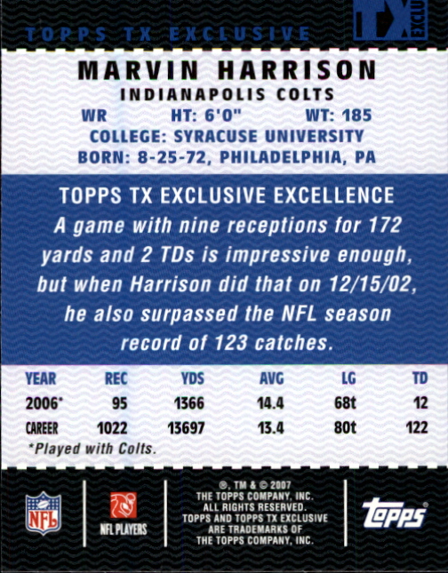 2007 Topps TX Exclusive #70 Marvin Harrison back image