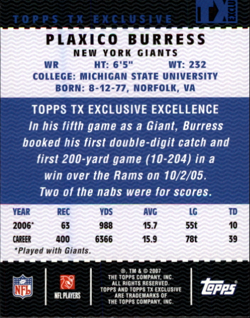 2007 Topps TX Exclusive #76 Plaxico Burress back image