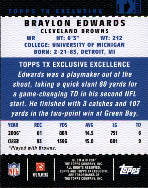 2007 Topps TX Exclusive #80 Braylon Edwards back image