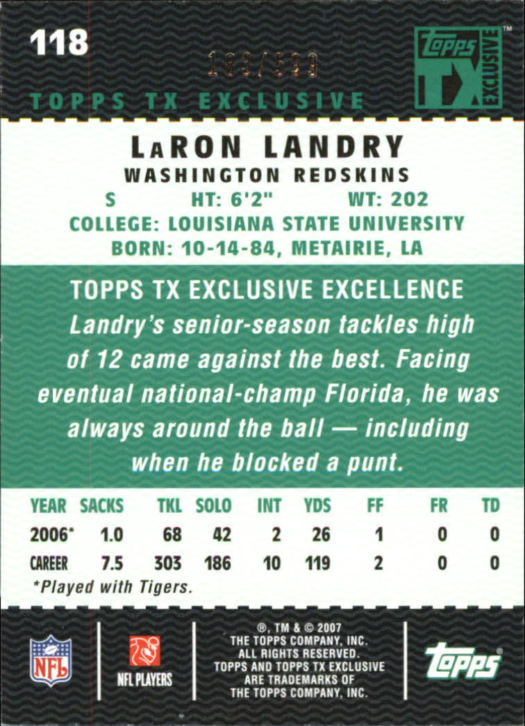2007 Topps TX Exclusive #118 LaRon Landry/599 RC back image