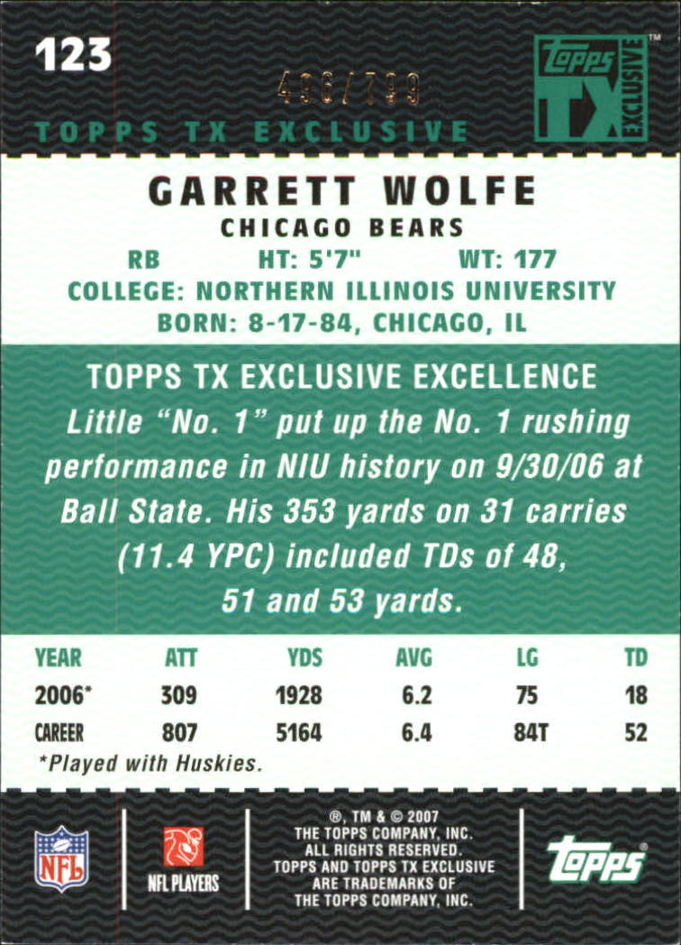 2007 Topps TX Exclusive #123 Garrett Wolfe/1049 RC back image