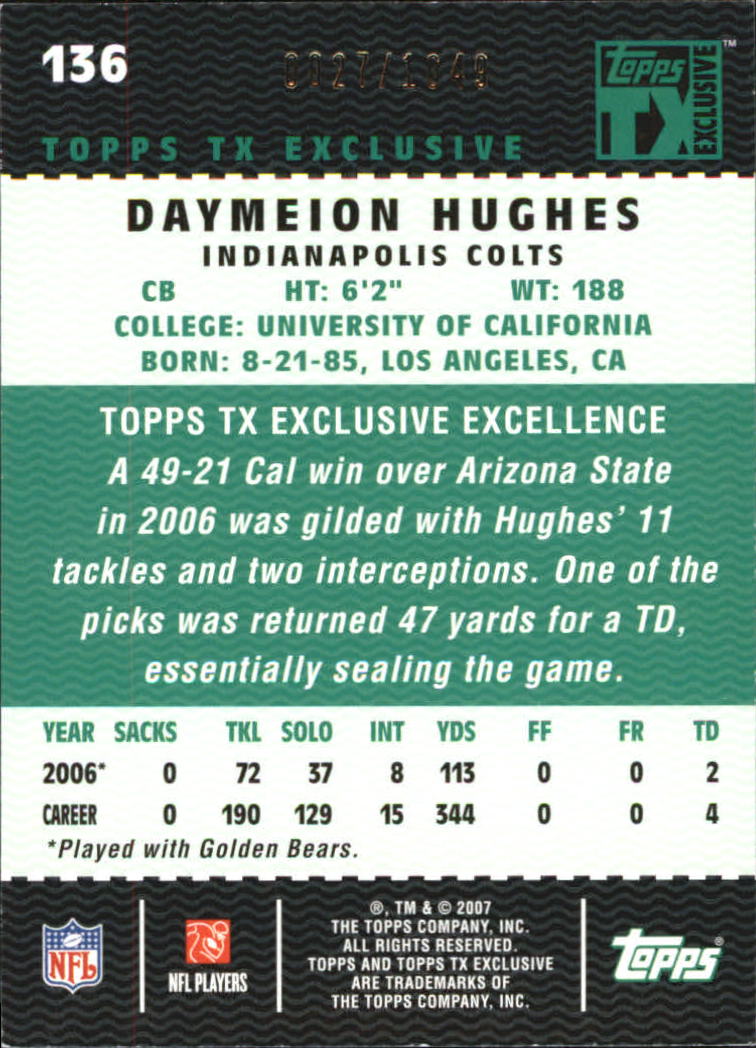 2007 Topps TX Exclusive #136 Daymeion Hughes/1049 RC back image
