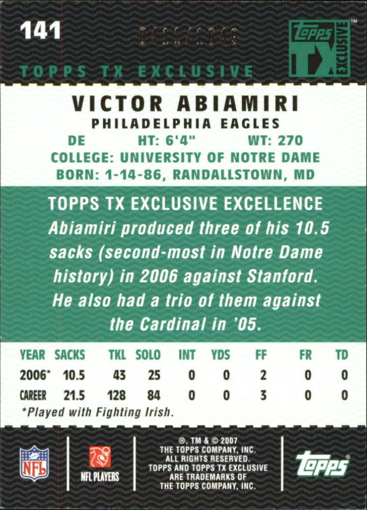 2007 Topps TX Exclusive #141 Victor Abiamiri/1049 RC back image
