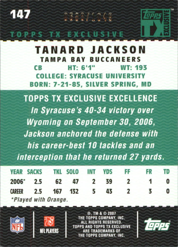 2007 Topps TX Exclusive #147 Tanard Jackson/1049 RC back image