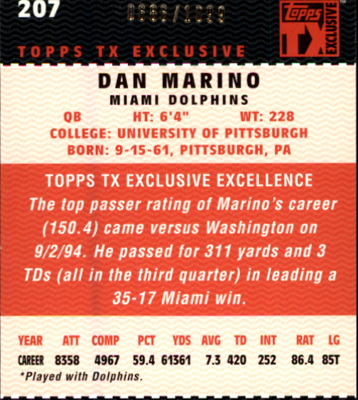 2007 Topps TX Exclusive #207 Dan Marino back image