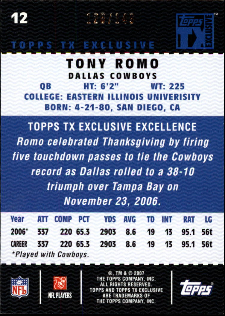 2007 Topps TX Exclusive Bronze #12 Tony Romo back image