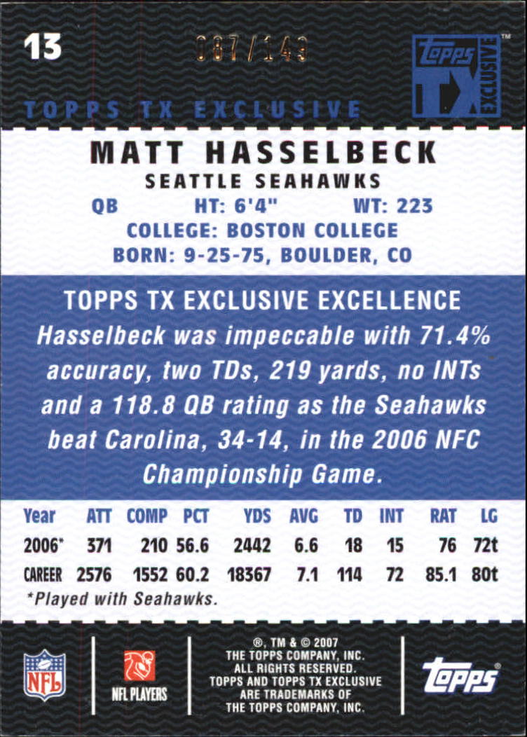 2007 Topps TX Exclusive Bronze #13 Matt Hasselbeck back image