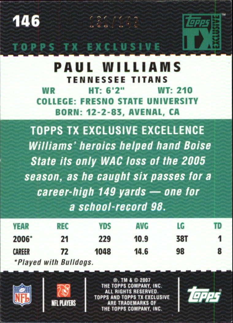 2007 Topps TX Exclusive Bronze #146 Paul Williams back image