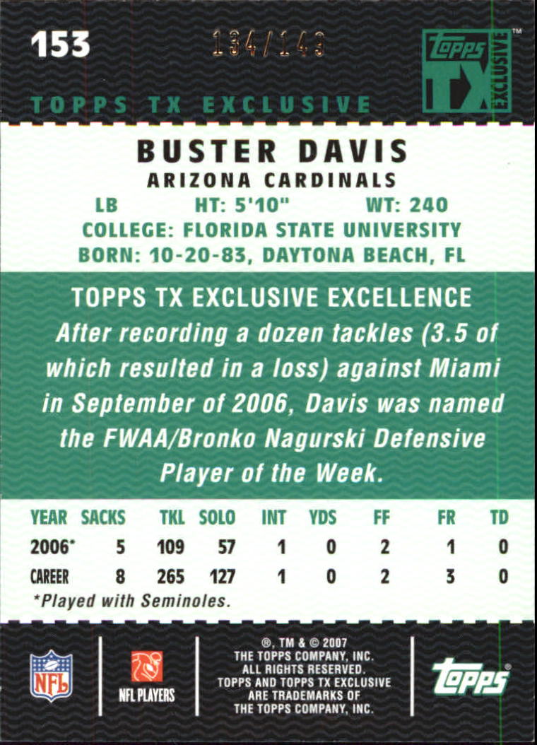 2007 Topps TX Exclusive Bronze #153 Buster Davis back image