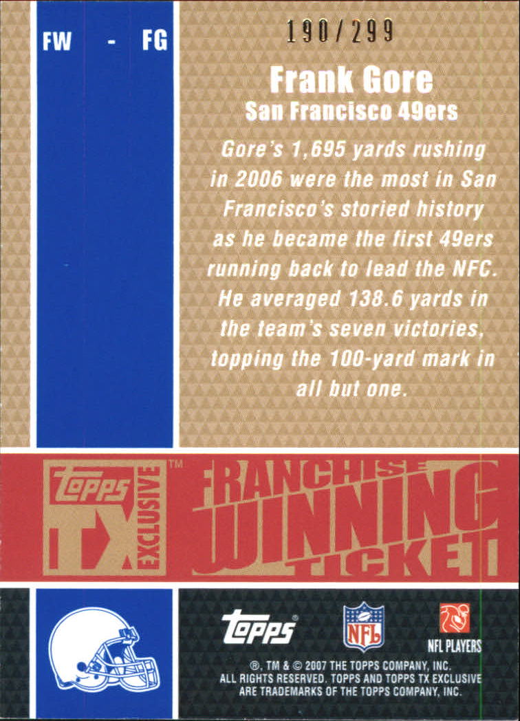 2007 Topps TX Exclusive Franchise Winning Ticket #FG Frank Gore back image