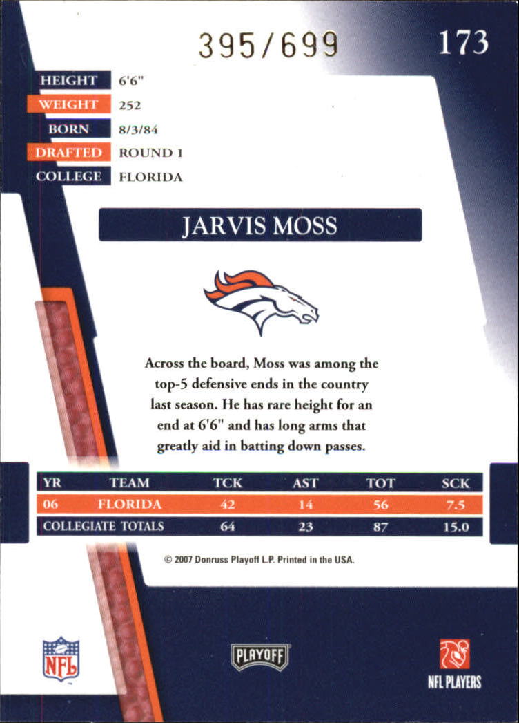 2007 Absolute Memorabilia #173 Jarvis Moss RC back image